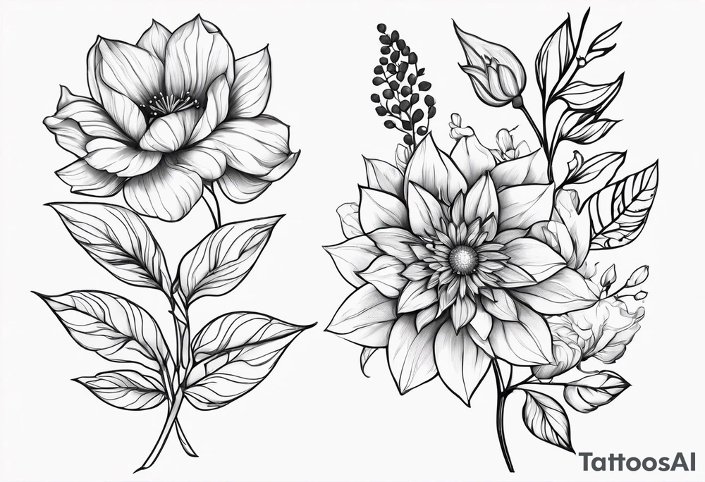 January birth flower, May birth flower, June birth flower x 2, July birth flower, August birth flower, September birth flower, October birth flower, December birth flower with some leaves starting on top frontal thigh ended at ankle / calf tattoo idea