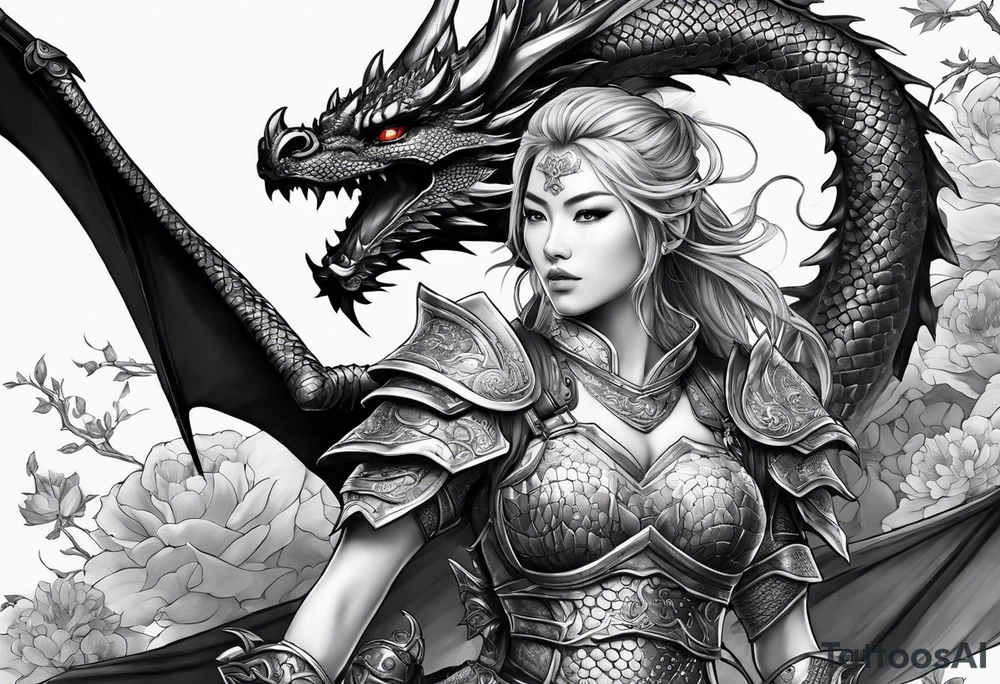 beautiful warrior woman wearing dragon armor and a dragon flying tattoo idea