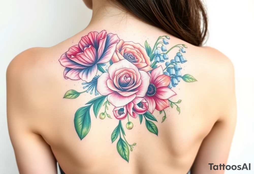 Bouquet of flowers with a carnation, rose, Lily of the valley, delphinium with stems going down Spain tattoo idea