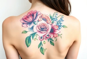 Bouquet of flowers with a carnation, rose, Lily of the valley, delphinium with stems going down Spain tattoo idea