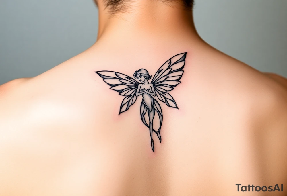 simple logo-style androgynous fairy/angel tattoo for girl's shoulder, lines only black ink. the tattoo is small showing the whole body/figure of the angel tattoo idea