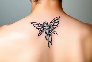simple logo-style androgynous fairy/angel tattoo for girl's shoulder, lines only black ink. the tattoo is small showing the whole body/figure of the angel tattoo idea