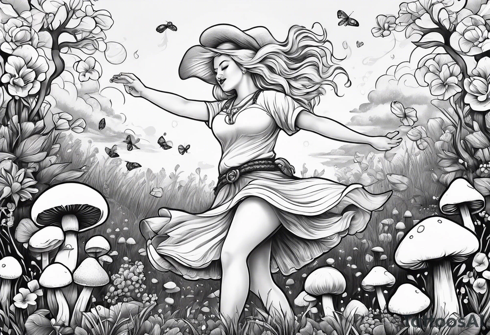 Blonde chubby Girl dancing in field of mushrooms tattoo idea