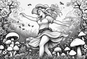 Blonde chubby Girl dancing in field of mushrooms tattoo idea