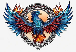Blue and red Phoenix in a Celtic knot with flames tattoo idea
