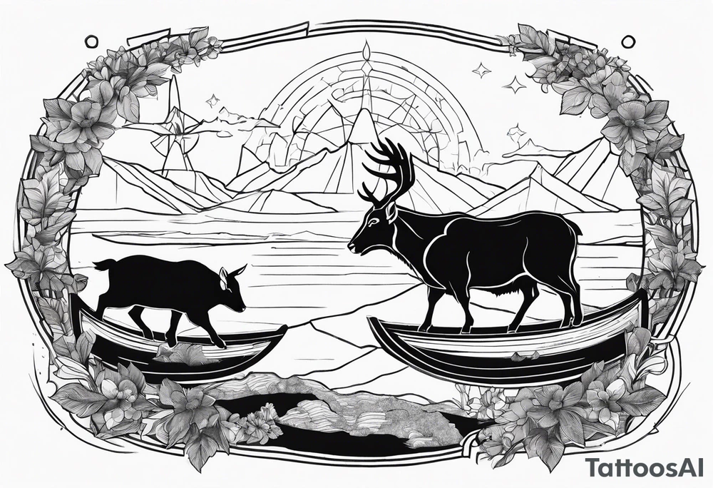 A badger, a goat and a reindeer on an ark inside the outlines of Map of Mallorca tattoo idea