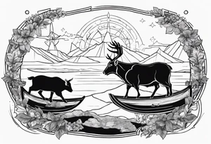 A badger, a goat and a reindeer on an ark inside the outlines of Map of Mallorca tattoo idea