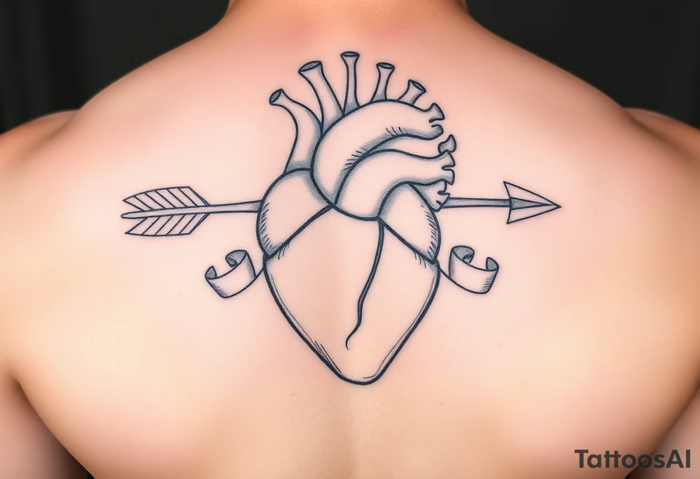 anatomical heart pierced by ornate arrow with flowing ribbons tattoo idea