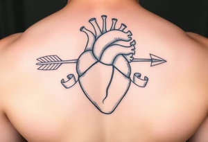 anatomical heart pierced by ornate arrow with flowing ribbons tattoo idea