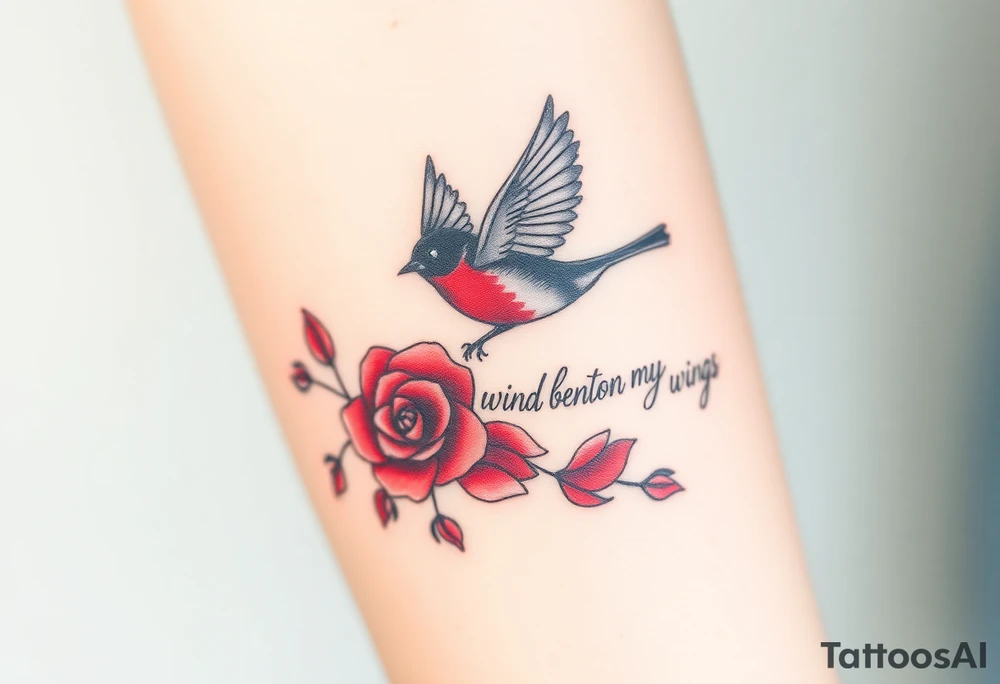 Soaring robin with trail of red rose petals with writing saying wind beneath my wings tattoo idea