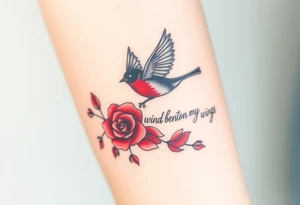 Soaring robin with trail of red rose petals with writing saying wind beneath my wings tattoo idea