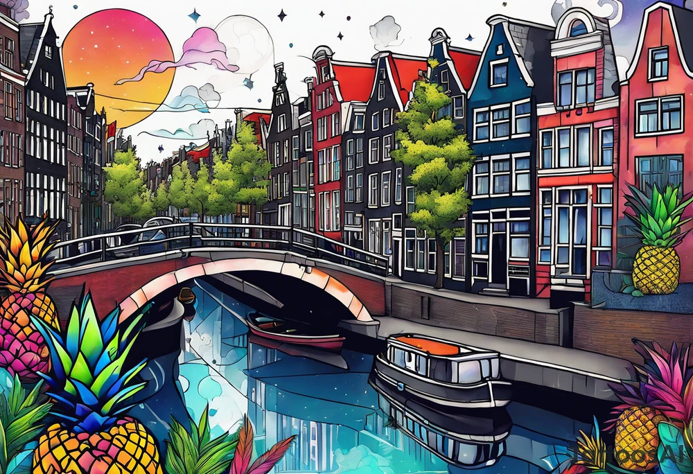 wolf featuring animals and featuring colours of the universe and galaxies and pineapples in amsterdam city featuring Amsterdam buildings and canal made of glass tattoo idea