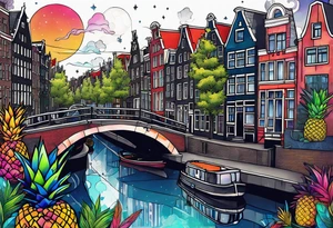 wolf featuring animals and featuring colours of the universe and galaxies and pineapples in amsterdam city featuring Amsterdam buildings and canal made of glass tattoo idea