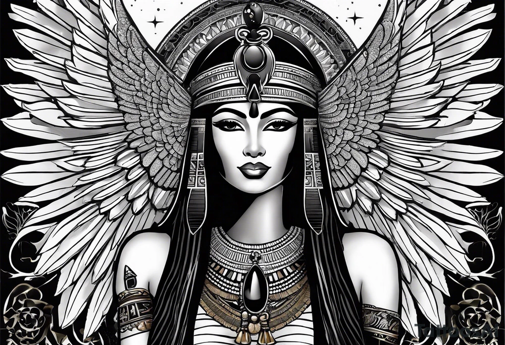 black and white Egyptian goddess Isis, who is often depicted as a woman with outstretched wings, holding an ankh (a symbol of life) in one hand and a lotus flower in the other. Her headdress often includes a throne or a solar disk. The tattoo design can vary in style and size, but it typically aims to capture the essence of this revered Egyptian deity, emphasizing her beauty, power, and maternal qualities. The choice of colors and additional elements can also be customized to create a unique and visually striking representation of the goddess Isis tattoo idea