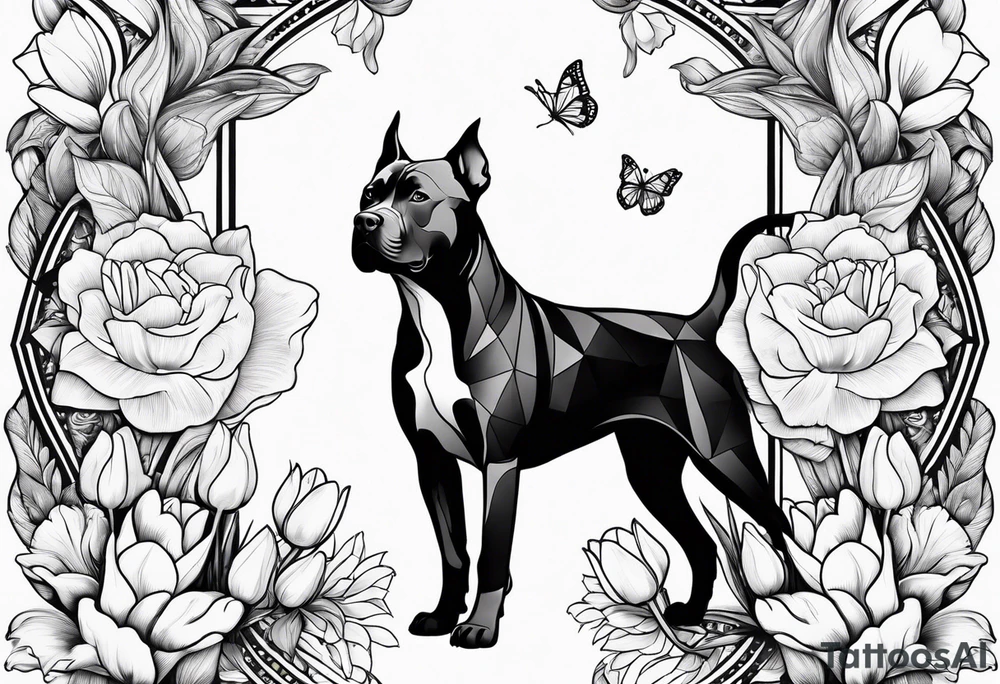 american black pitbull with floral backgrounds and tulips with a butterfly and an amstaff dog. tattoo idea