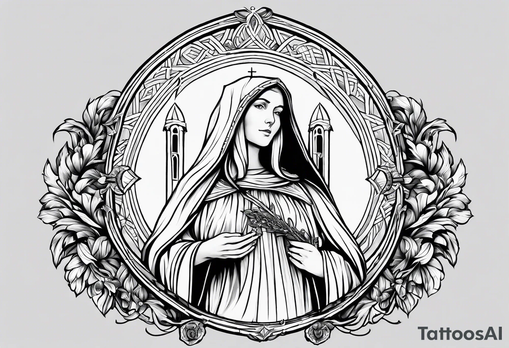 A full back piece themed on the surname mcbride and the irish saint bridget. It should take inspiration from artwork of saint bridget holding fire in her hands. It should have the text Vincit Pericula Virtus on it tattoo idea