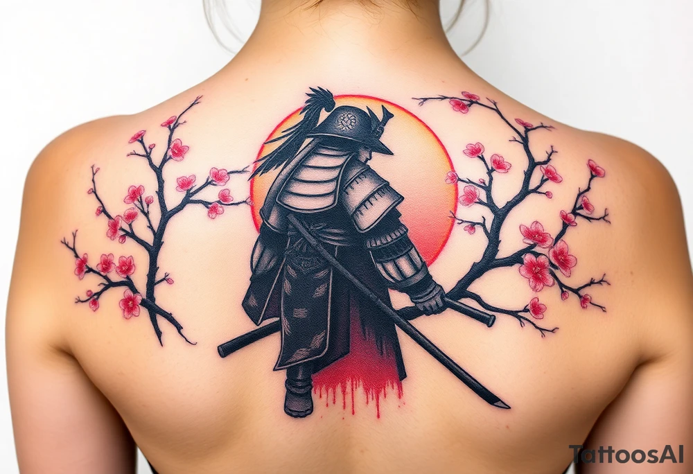 noble samurai warrior silhouette at sunset with cherry blossoms tattoo idea