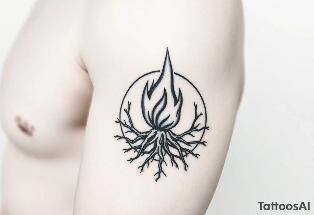 flame in a blooming roots circle tattoo idea