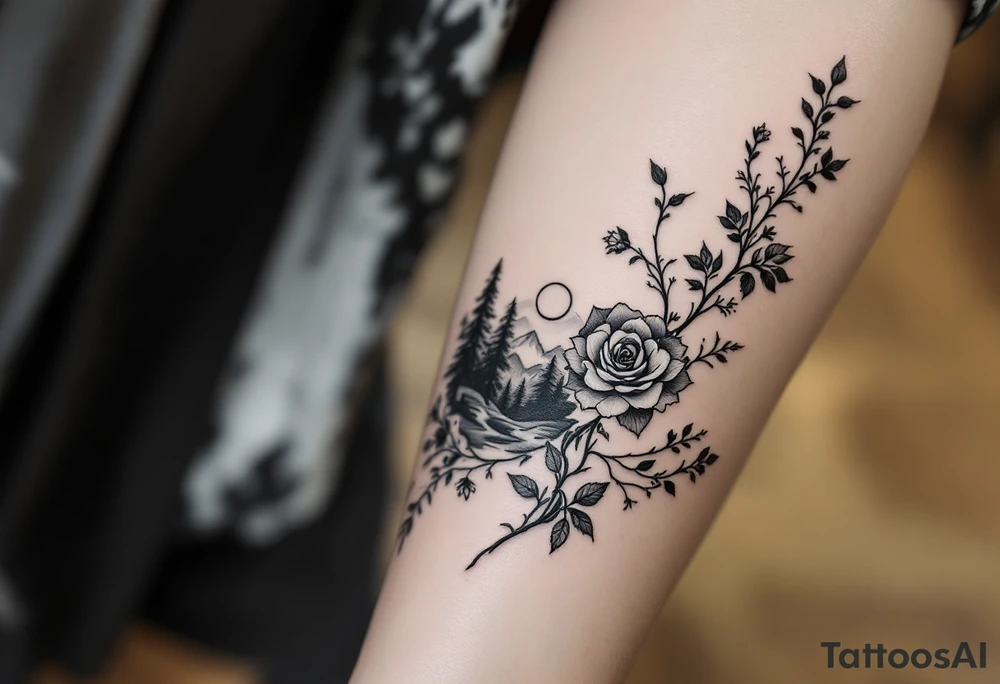 Rose vine and wild flowers, moon forest 
mountains and wrap around half sleeve tattoo idea