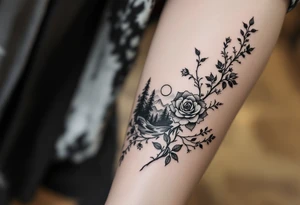 Rose vine and wild flowers, moon forest 
mountains and wrap around half sleeve tattoo idea