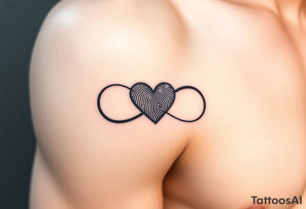 An infinity design with a fingerprint heart in black and grey realism tattoo idea