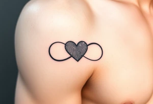 An infinity design with a fingerprint heart in black and grey realism tattoo idea