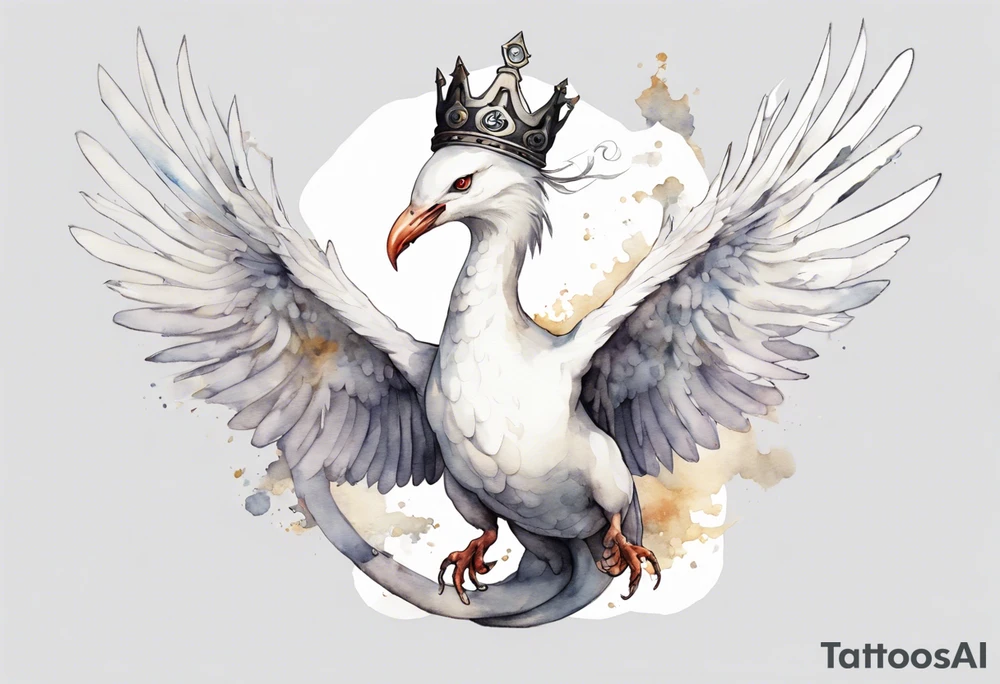 a white bird-serpent hybrid, wearing a pewter crown on its head, flying in the air tattoo idea