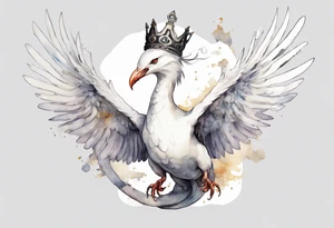 a white bird-serpent hybrid, wearing a pewter crown on its head, flying in the air tattoo idea
