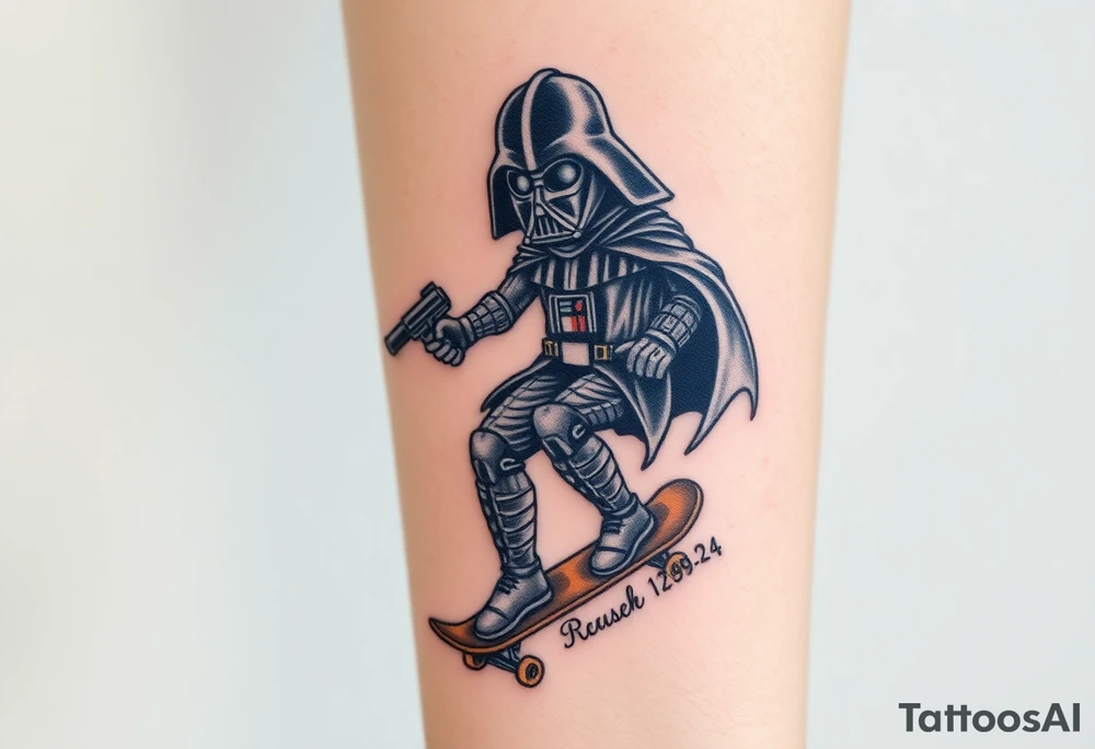 Darth Vader skateboarding with gun> bullets > memorial > god > colors > futuristic 
add name "Darth Carter" on skateboard
add date in loving memory 12/29/88-01/06/24 tattoo idea