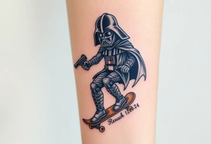 Darth Vader skateboarding with gun> bullets > memorial > god > colors > futuristic 
add name "Darth Carter" on skateboard
add date in loving memory 12/29/88-01/06/24 tattoo idea