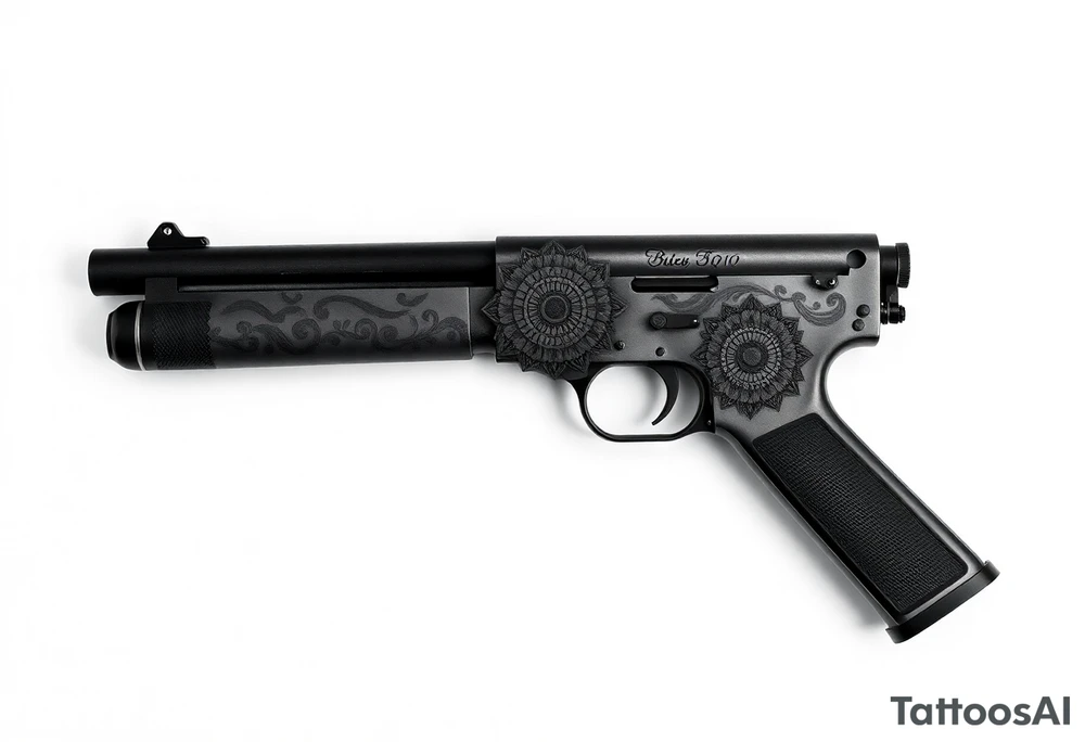 "Minimalist black tattoo of a Maxim M1910 machine gun (side view) where:  
1. Barrel transforms into a Tibetan mandala (геометрический узор, 8 спиц)  
2. Cooling jacket (водяная рубашка) стилизована под буддийские колеса сансары  
3. Прицел — крошечное зеркальце (1-2 мм), встроенное в кожу  
4. Лента патронов становится буддийской молитвенной лентой с микротекстом «Ом мани падме хум»  

Стиль:  
- Чистая линия (1 мм толщиной) + точечная штриховка для объема  
- Без теней, только черные чернила  
- Размер: 10 см в длину (вдоль предплечья)  

Философская отсылка:  
«Оружие как инструмент просветления» (из «Чапаева и Пустоты»)" tattoo idea