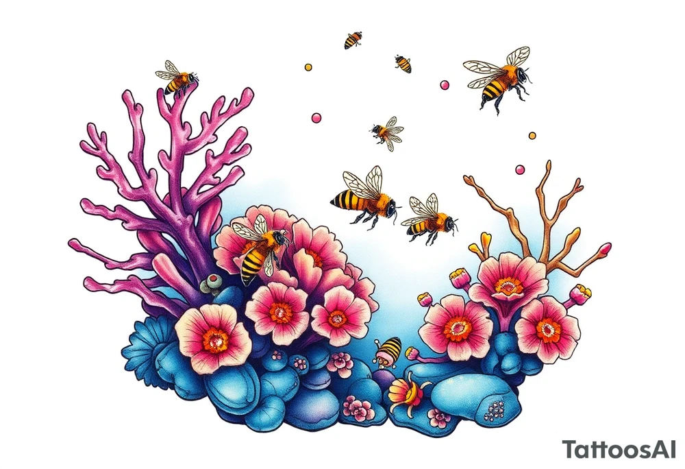 Coral reef scene with honey bees swimming tattoo idea