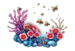 Coral reef scene with honey bees swimming tattoo idea