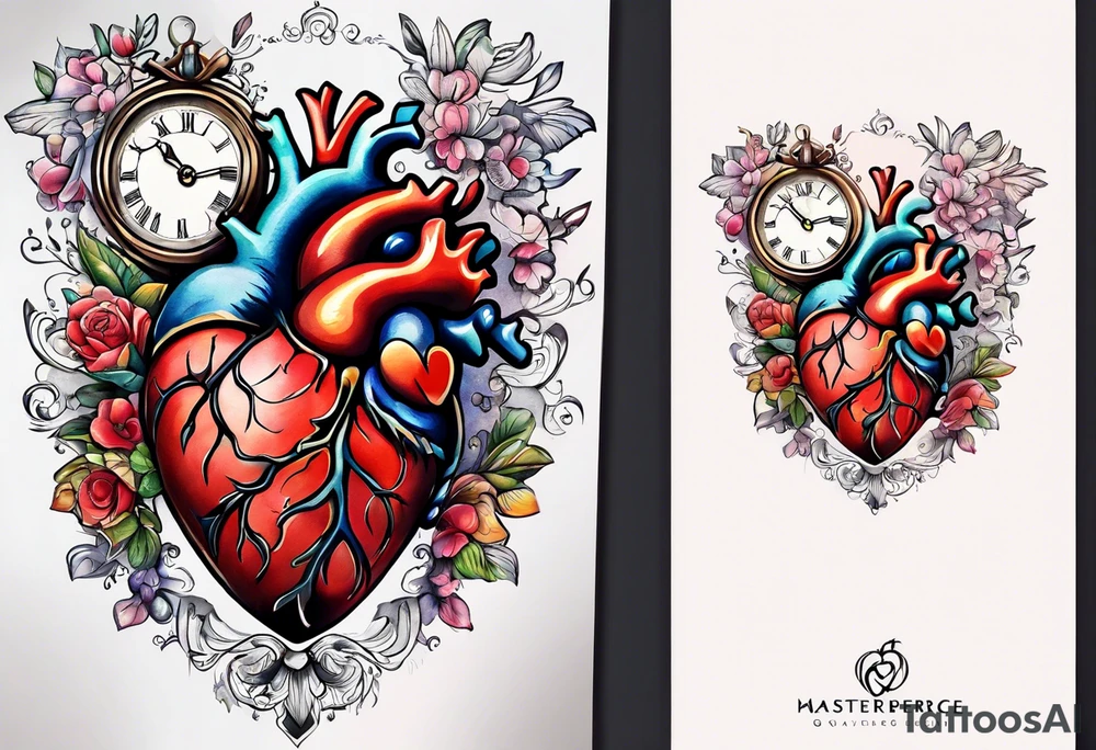 Anatomical heart with clock tattoo idea