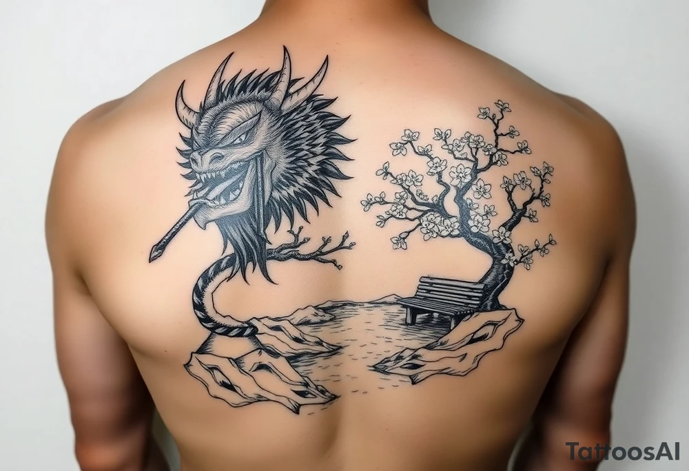 Fierce Japanese oni with cherry blossom tree river and stone bench tattoo idea