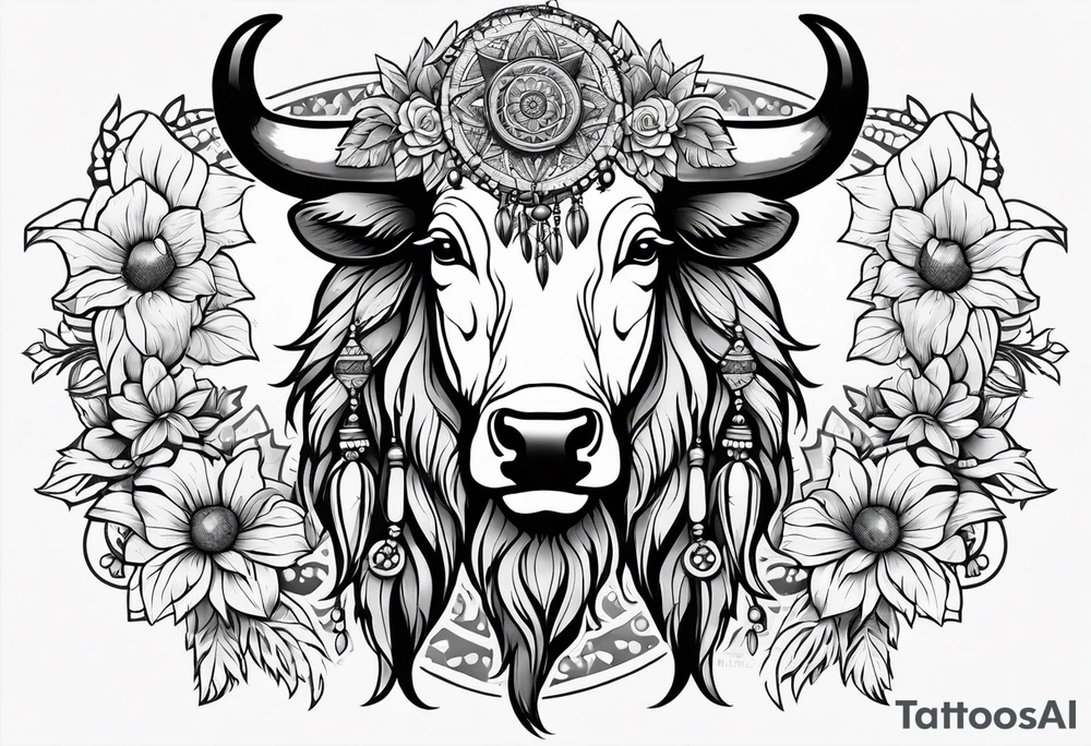 Native american taurus, flowers, dream catcher, tattoo idea