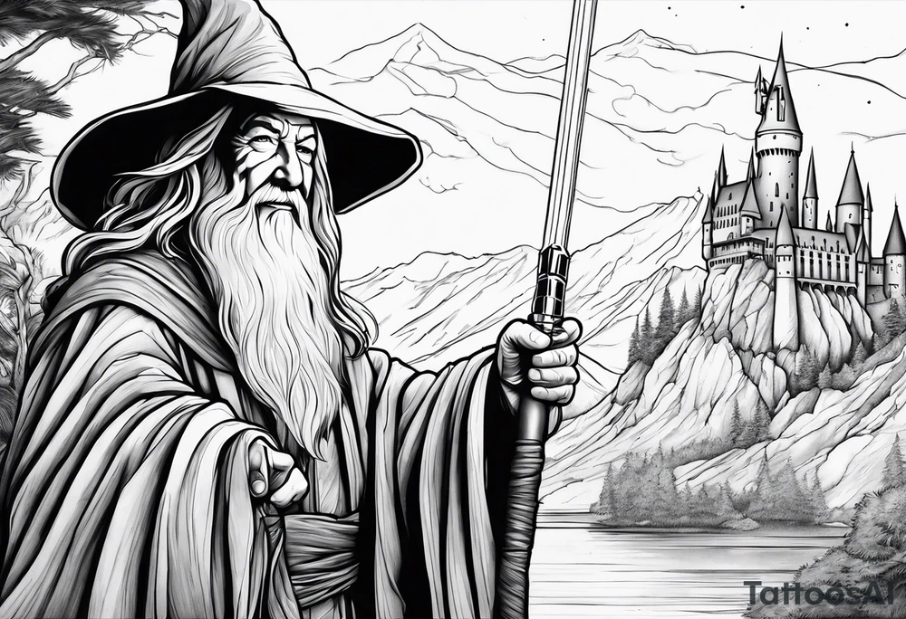 Gandalf wielding lightsaber, hogwarts in background. tattoo idea