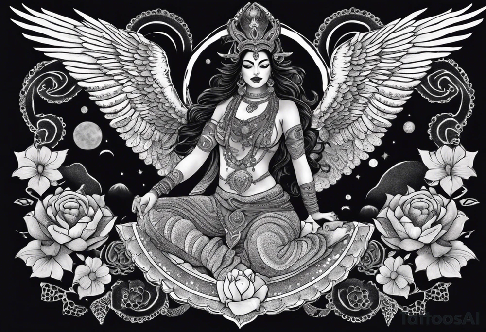 black kali, goddess pirate, alien, angel, pachamama, valkrye, warrior, flying, skull, lotus azul, wing, eagle, zenza resonance, stars, 5D, anahata chakra, death, durga, riding on a tiger, flying lady, kundalini, chest tatoo, samuri, rebel, serpent tattoo idea