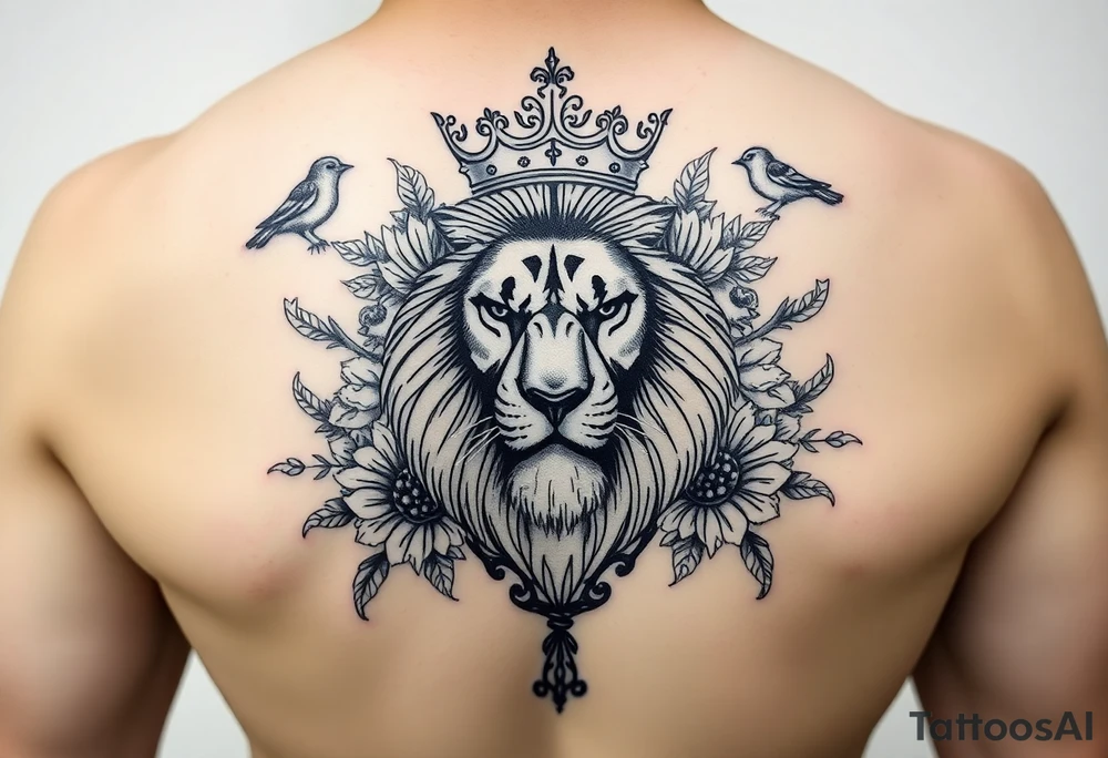 powerful majestic lion with a crown, surrounded by floral ornaments and birds tattoo idea