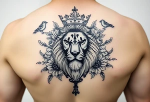 powerful majestic lion with a crown, surrounded by floral ornaments and birds tattoo idea
