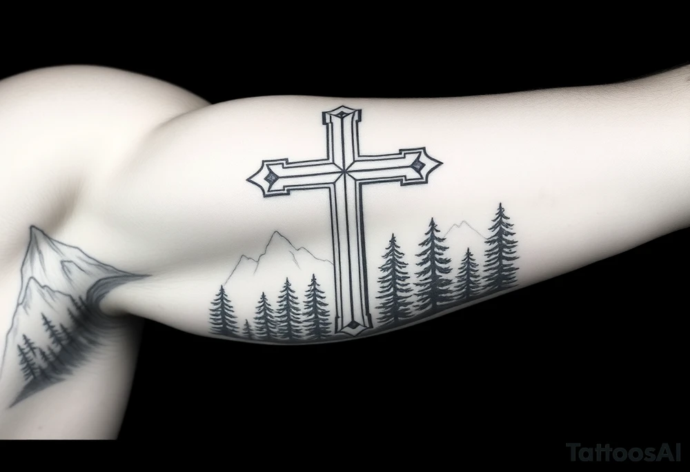 russian christian orthodox cross which is relatively small, with the diagonal line at the bottom with a light forrest with a light mountainous setting tattoo idea