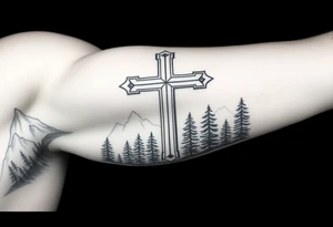 russian christian orthodox cross which is relatively small, with the diagonal line at the bottom with a light forrest with a light mountainous setting tattoo idea