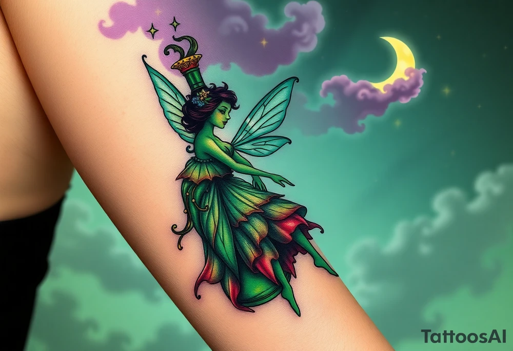 Tim Burton’s kelly doty pin up style Vintage Parisian elegant and hauntingly beautiful yet eerie full body absinthe Green Fairy dances outside her victorian crystal decatur she was once inside this elaborate ornate bottle absinthe bottle Absinthe Art Nouveau   and dripping with muted reds, dusty pinks, and eerie green glow.purple and cyan smokey clouds swirl in the crescent moonlit sky thats sprinkled with stars tattoo idea