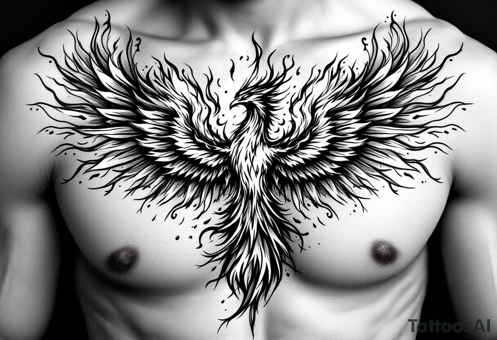 Realistic and symmetrical flaming Phoenix rebirth with spread wings in a down motion surrounded by fire mapped onto chest only.
Phoenix head must be in the middle of the chest, straight and symmetrical.
Fire should be surrounding spread wings
Wings should be spread down only on pectoral muscle around the nipples. tattoo idea