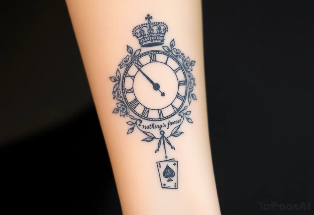 Roman clock with roses and a crown, a quote that says nothings forever. and on the bottom a deck of cards tattoo idea