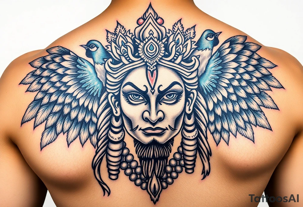 hindu god lord murugan tattoo with face and peacock surrounding it tattoo idea