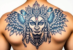 hindu god lord murugan tattoo with face and peacock surrounding it tattoo idea