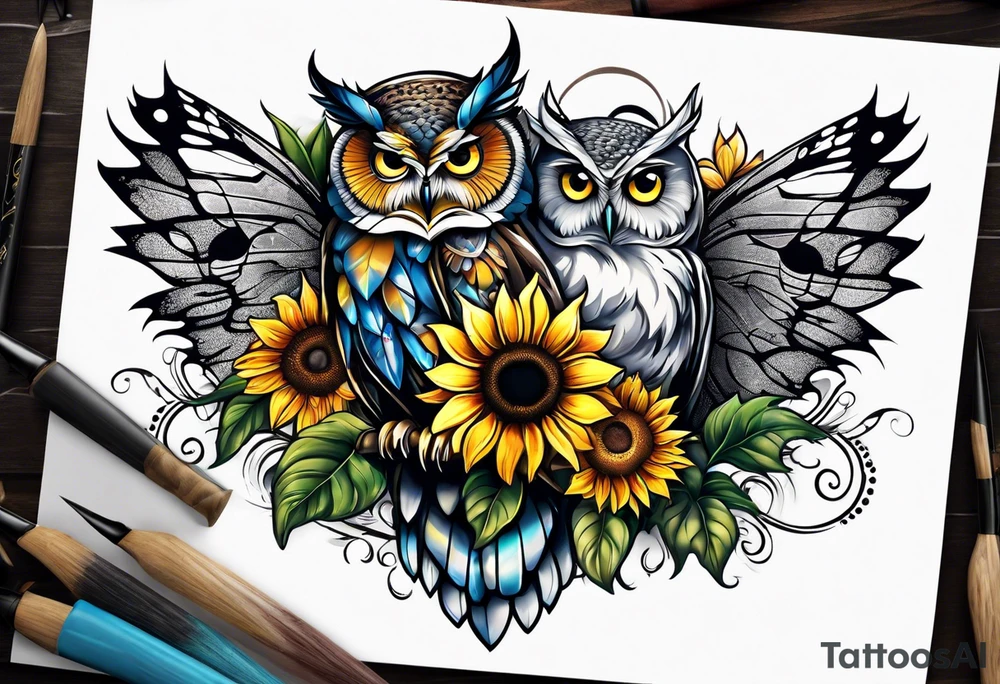 Owl with butterfly and sunflower tattoo idea