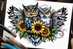 Owl with butterfly and sunflower tattoo idea