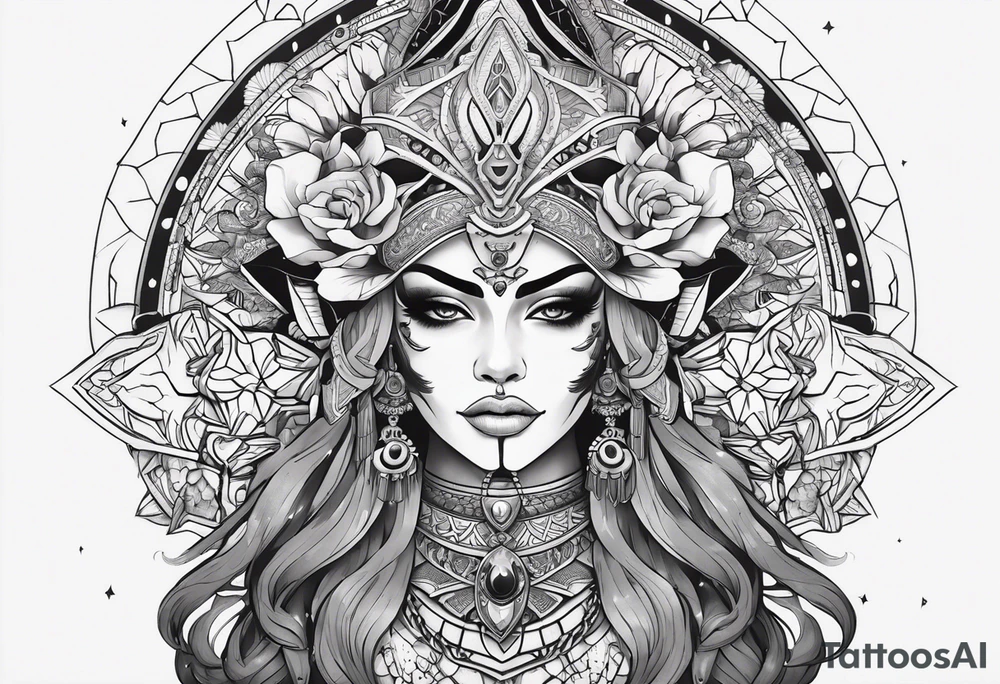 kali ma, alien goddess, valkrye, aries, pirate, divine feminine, zenza resonance, pachamama, lotus azul, blank panther, eagle, skull, 5D, nueva gaya, dna 12, left side chest tatoo tattoo idea